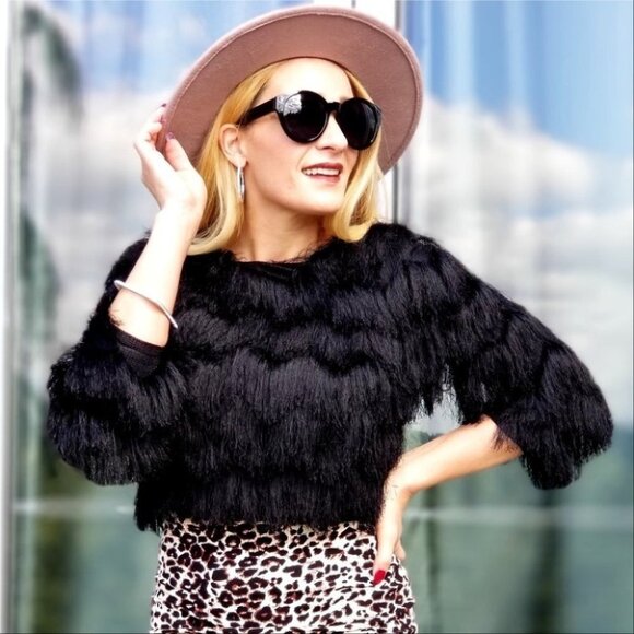 BLACK FRINGED CROP TOP - Picture 1 of 4